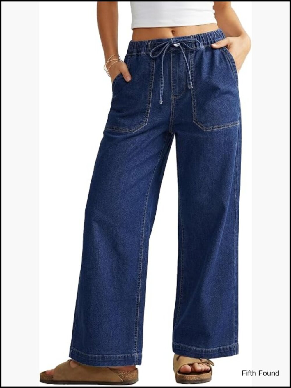 High Waisted Wide Leg Jeans with Drawstring Elastic Waist Stretchy Denim Pants